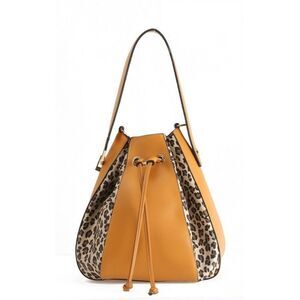 Tan Handbag for Women Draw String Leopard  Print Shoulder Bag Hobo Carry All Bag